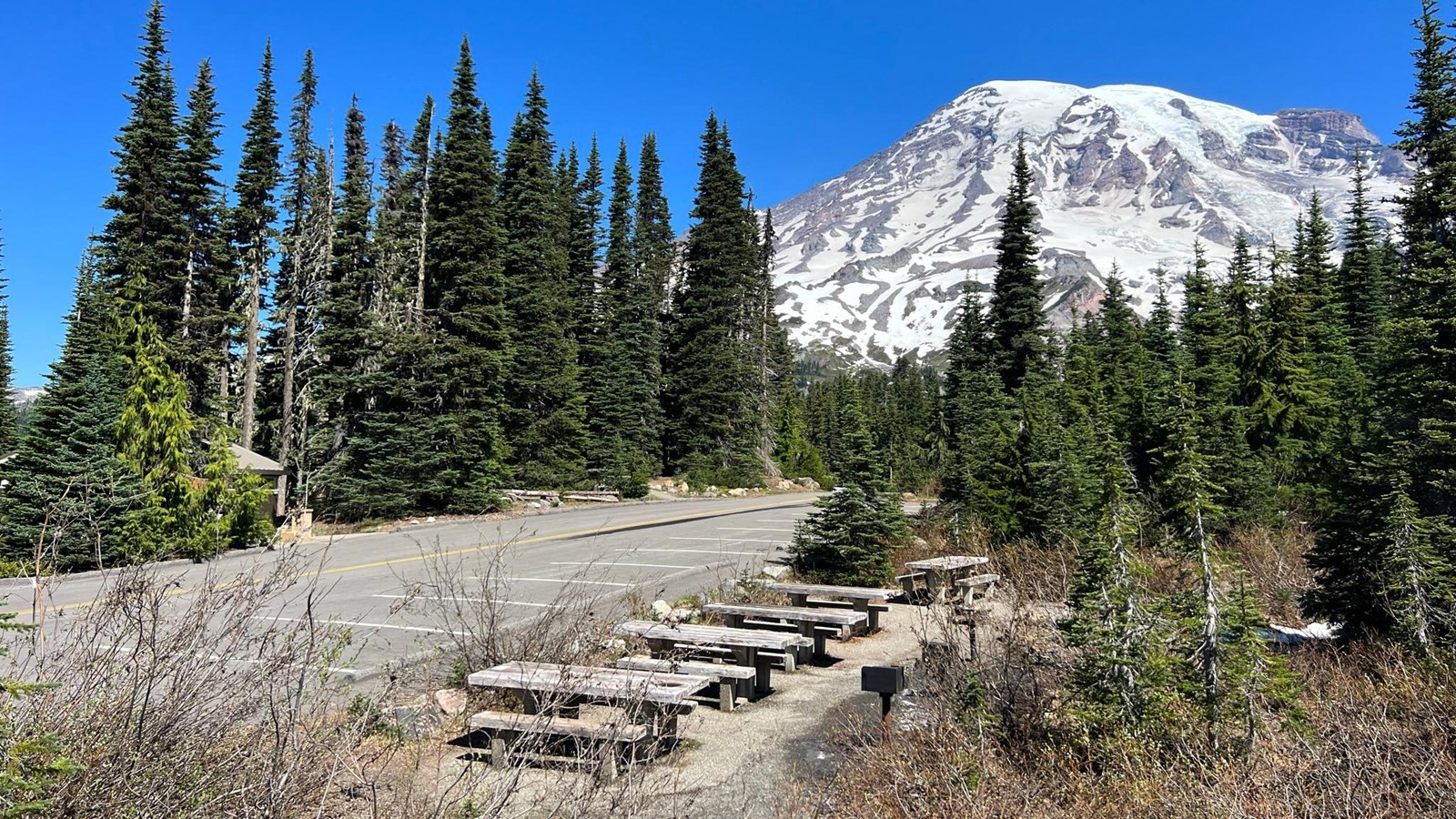 Picnic area with picnic tables, grills, parking, and a view of a glaciated mountain on a clear day.