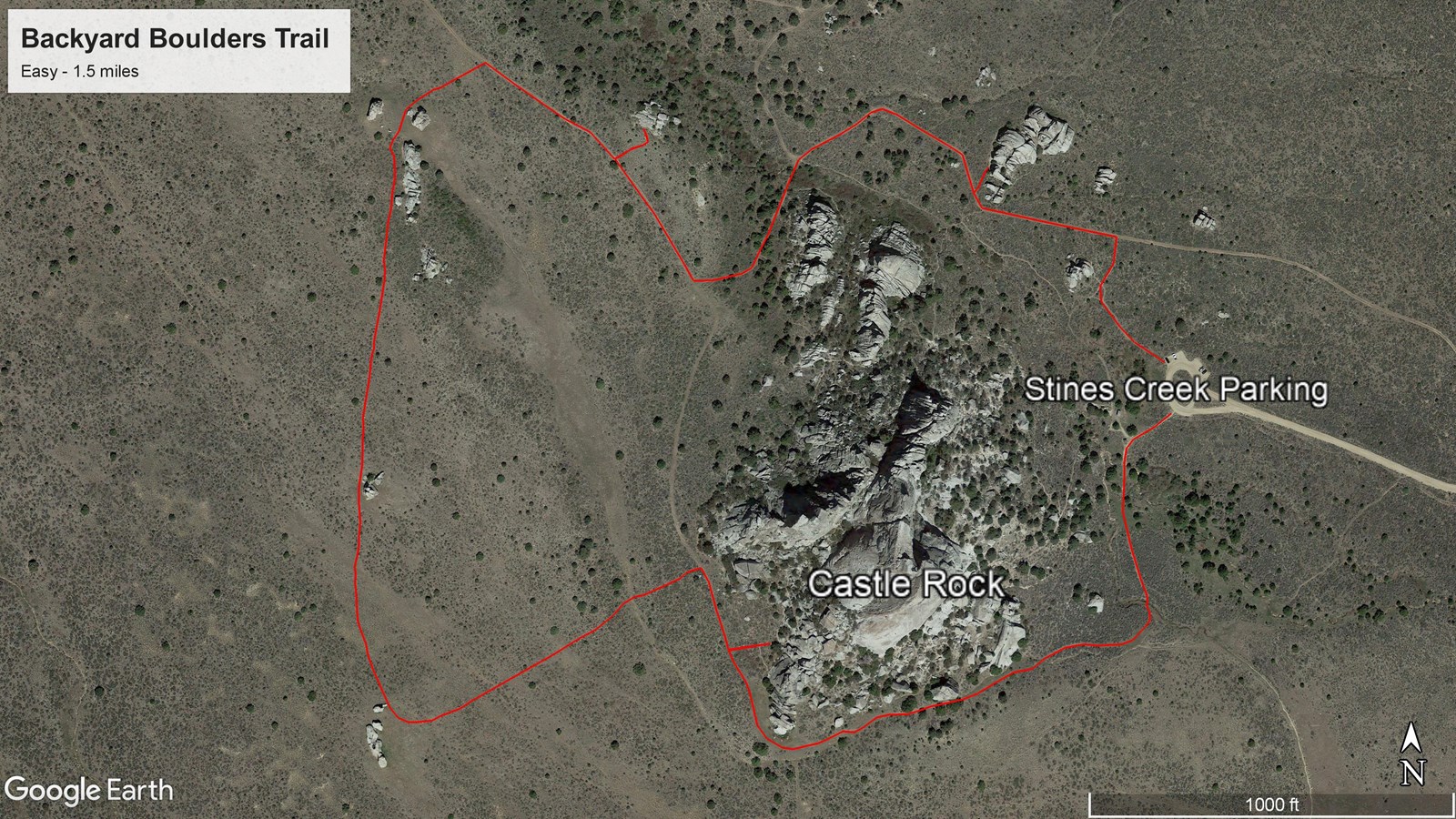 Satellite map highlighting the Backyard Boulders trail starting from Stines Creek Parking..