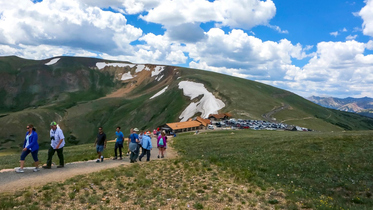 View of the Alpine Ridge Trail looking down at the Alpine Visitor Center and Parking Area