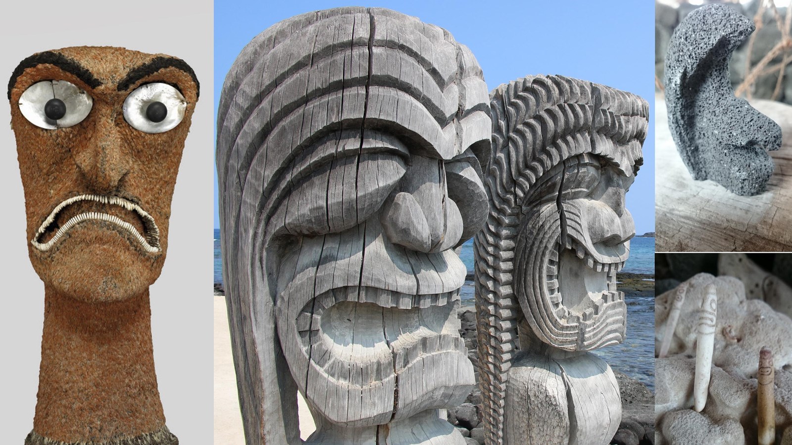 A collage of four different types of kii images: feathered, wooden, stone, and sea urchin spine