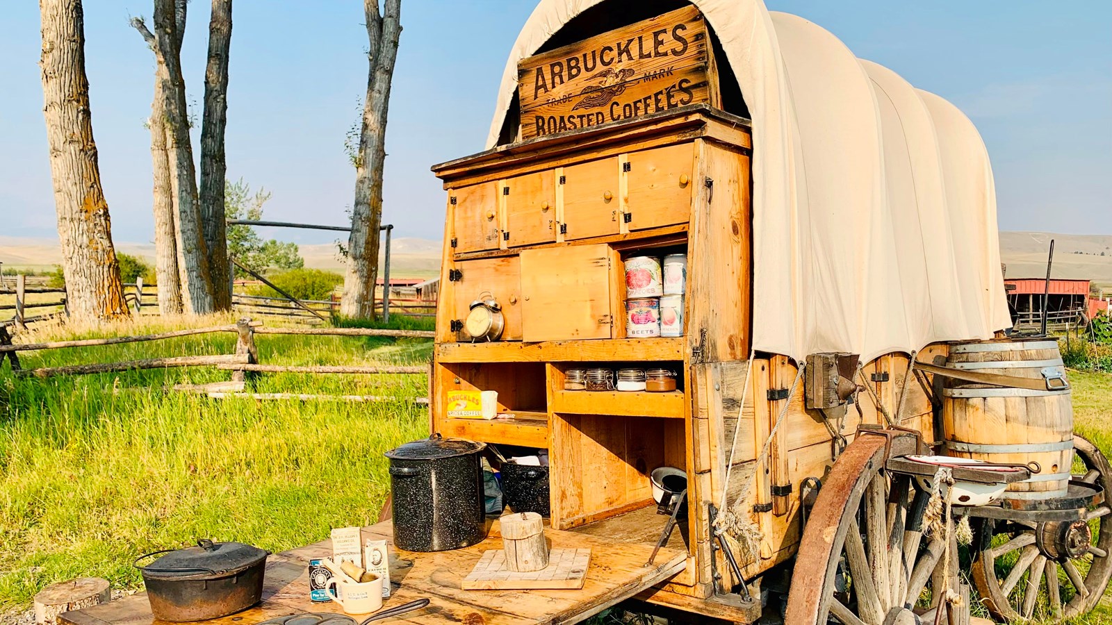 A view of a canvas covered chuckwagon. The back pantry box is open revealing a table and shelves