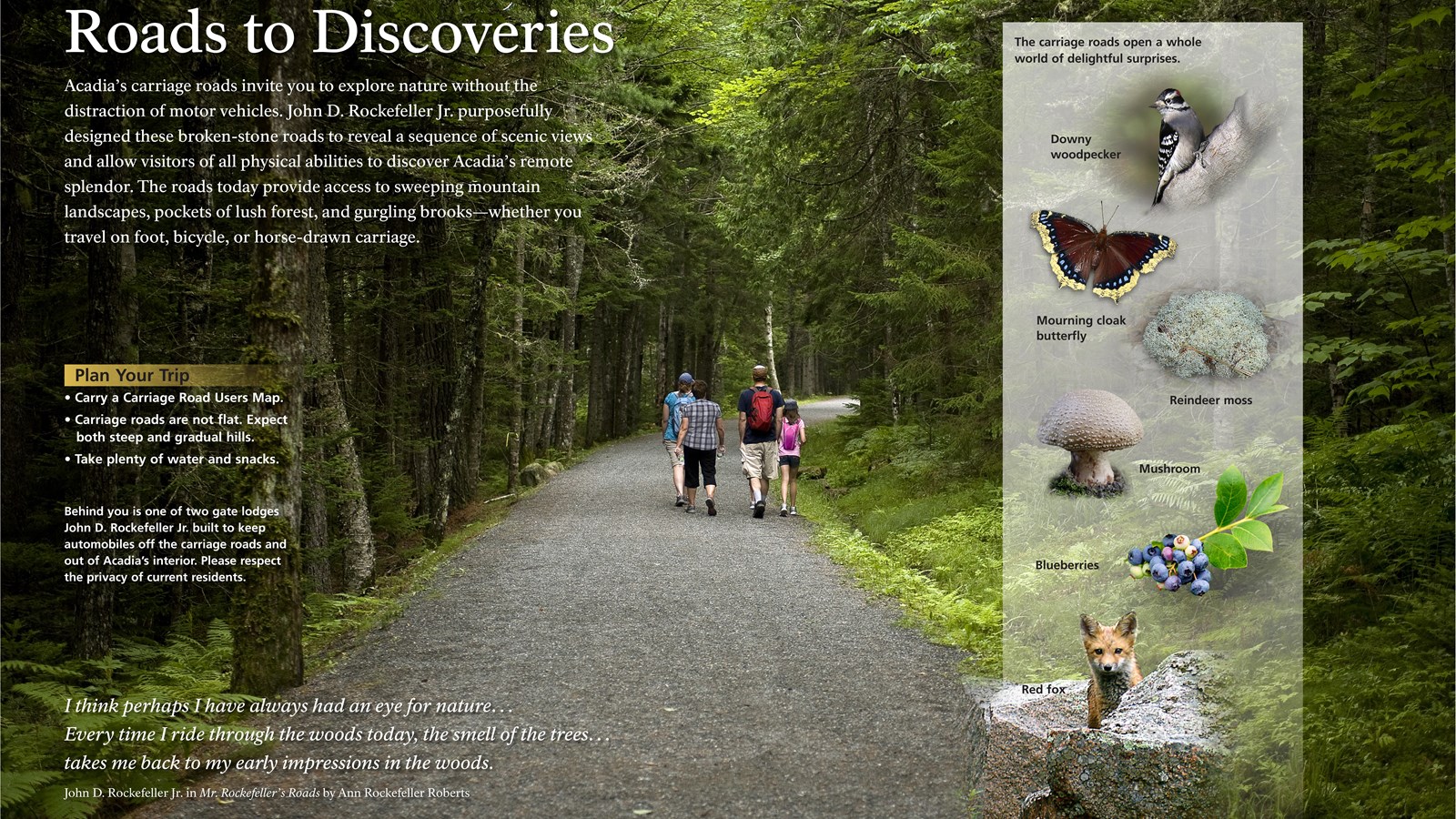 Title: Road to Discoveries in bold; background image of family walking on carriage road.