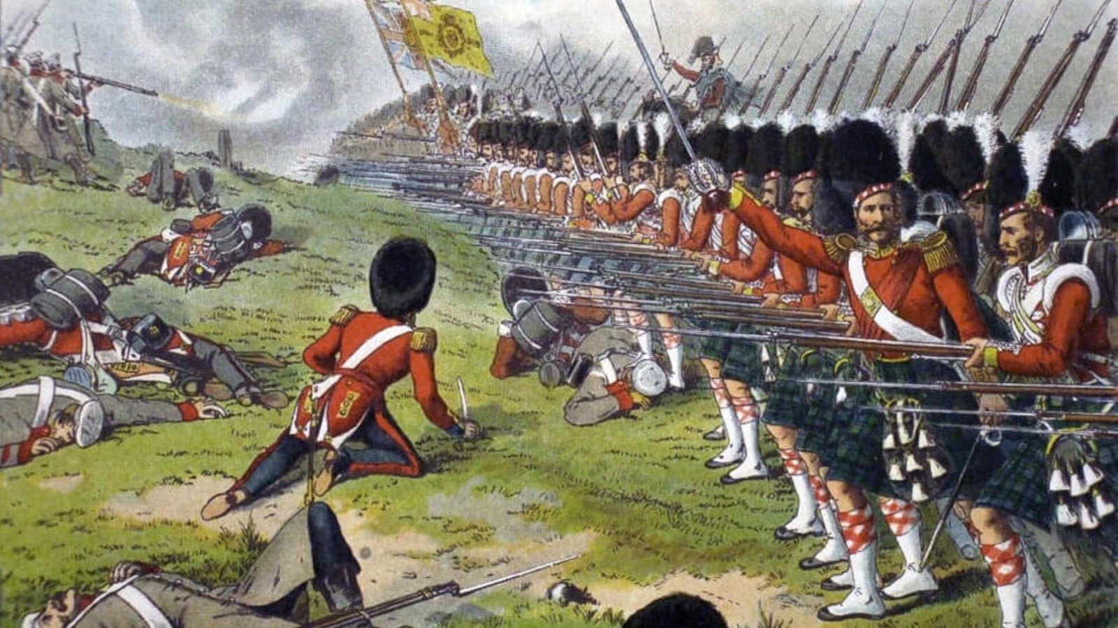 lithograph of kilted redcoated soldiers marching in step onto a battlefield with injured soldiers.
