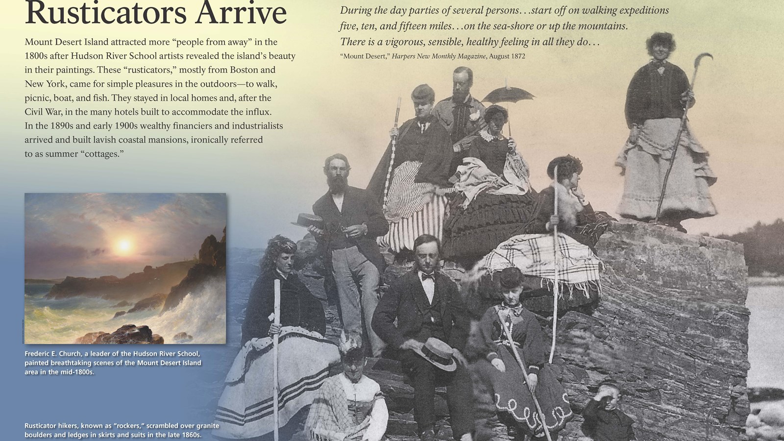 Background image of 19th century men and women gathered on rocks; inset of 19th century.