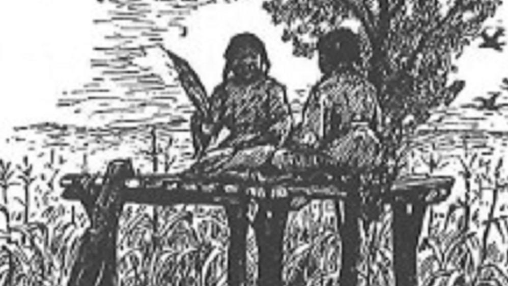 a sketch of two young girls sitting on a raised stage.