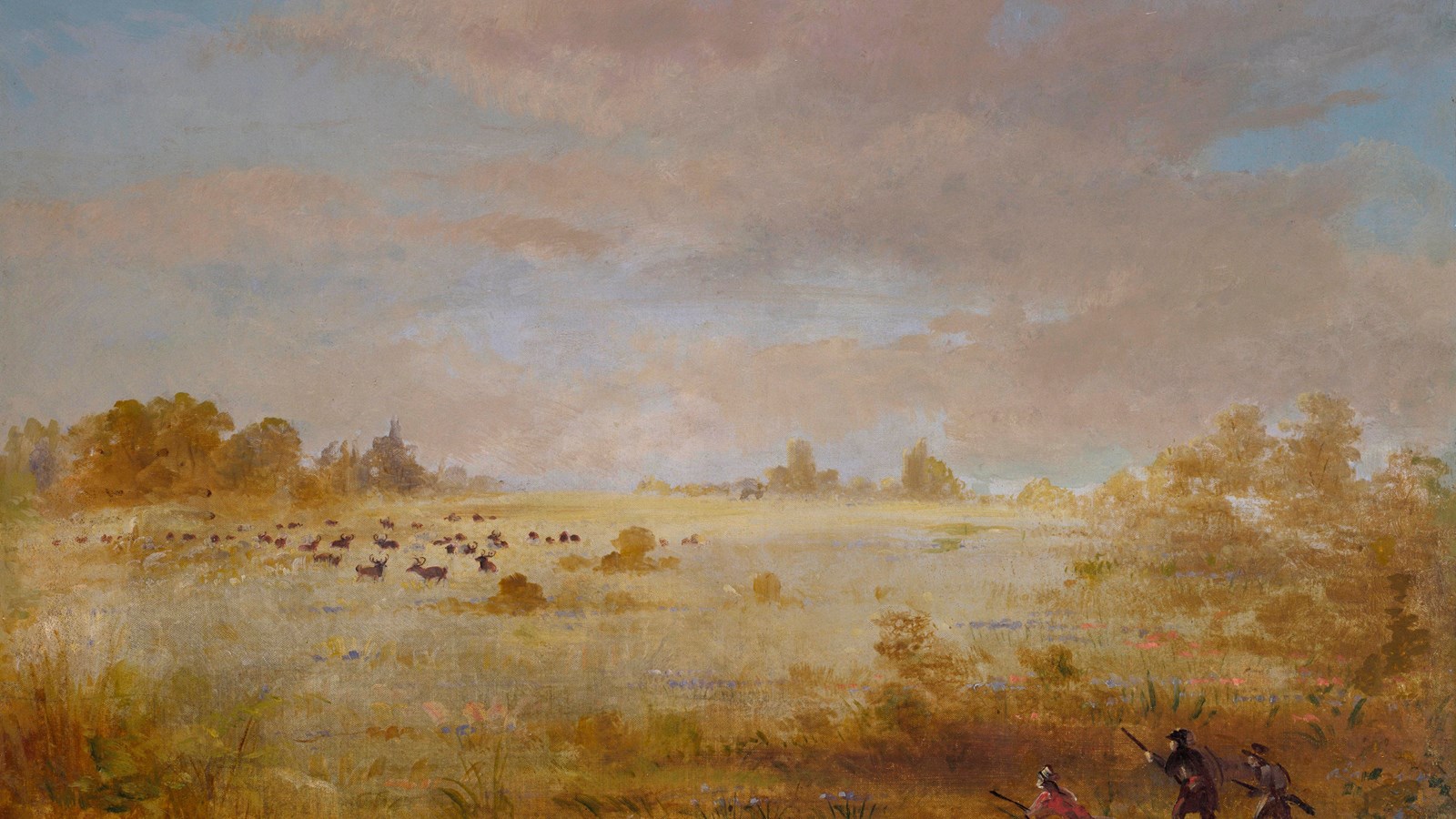 Painting of grassy plain, surrounded by trees, with herd of elk in the distance. Three hunters 