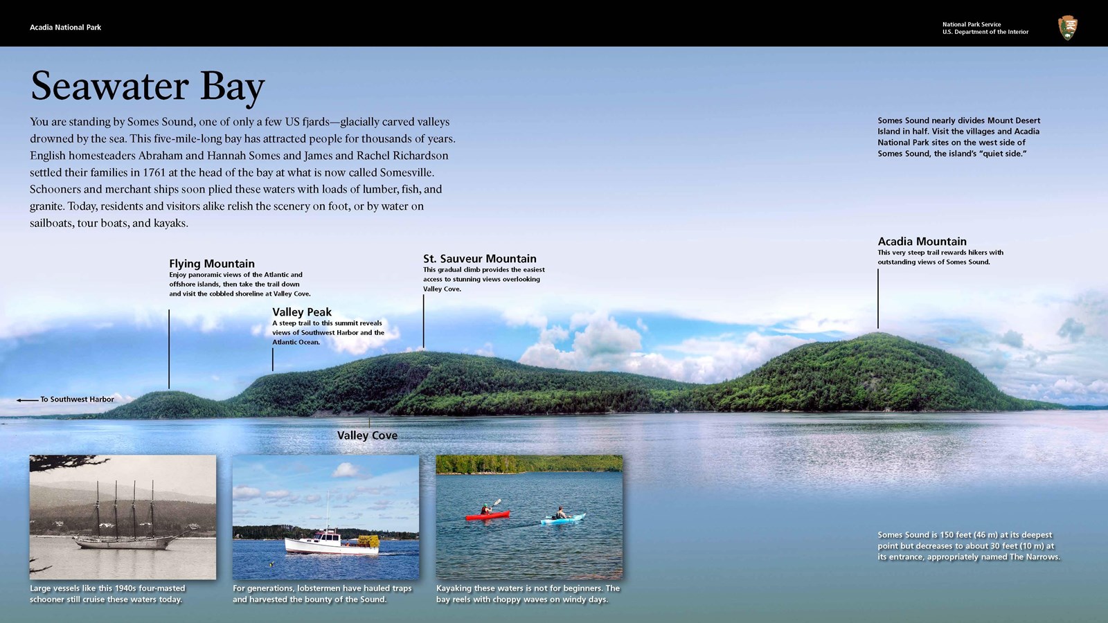 Title: Seawater Bay in bold; background image of mountains from the sea