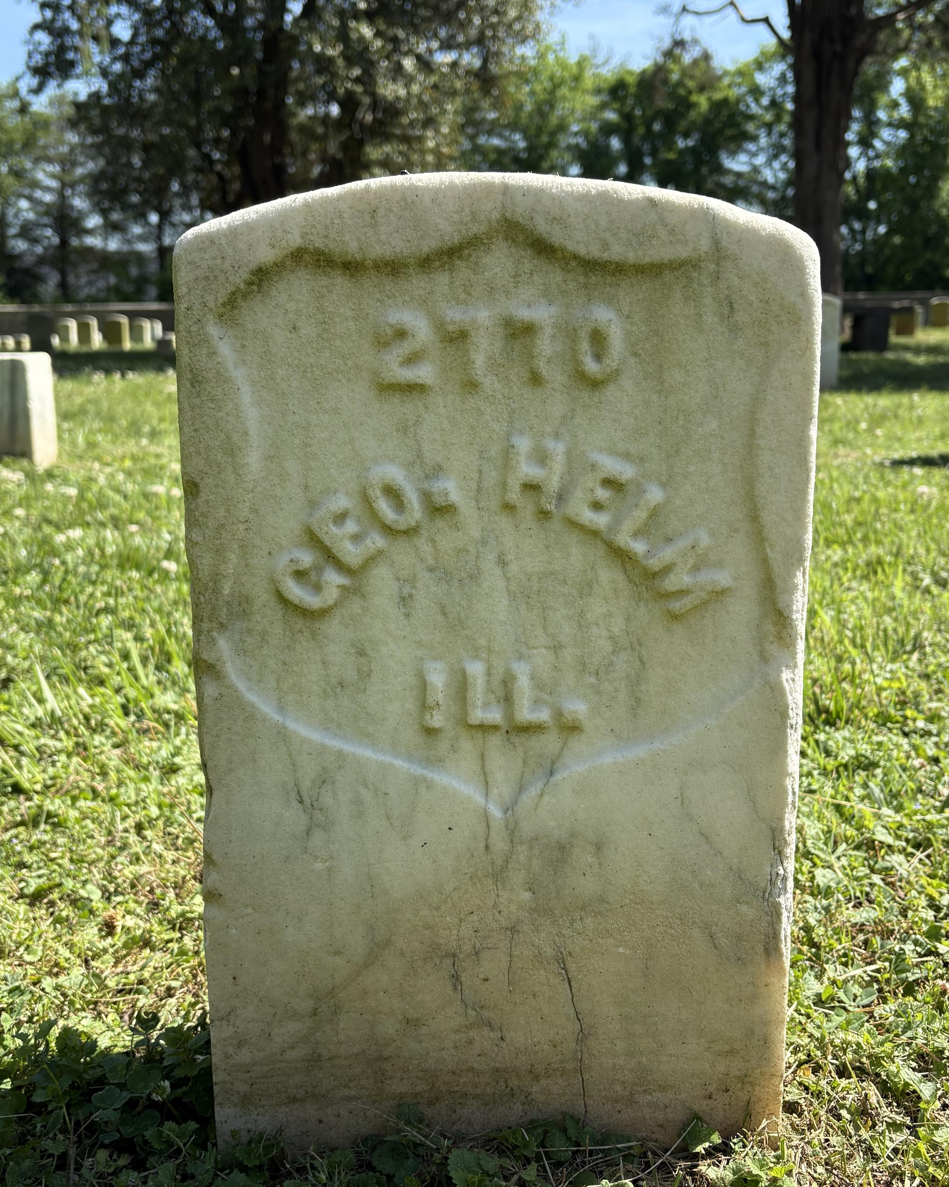 Marble headstone belonging to Civil War soldier George Helm. 
