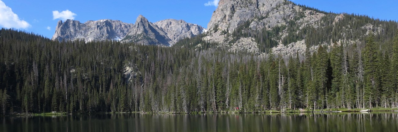 tree lined lake with a mountain backdrop