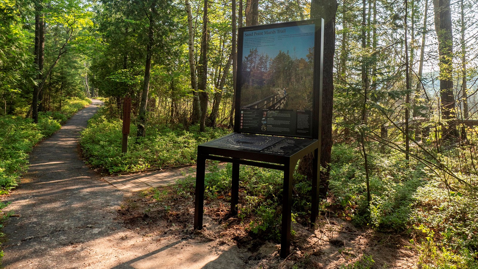 An upright exhibit with a tactile brass map sits next to a paved trail surrounded by trees.