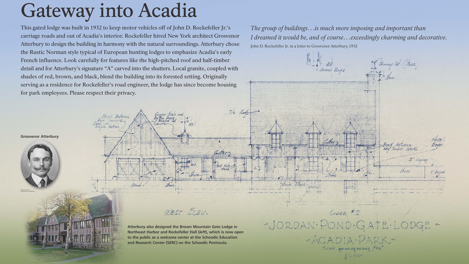 Title: Gateway Into Acadia in bold; background image of blueprints of historic gatehouse.