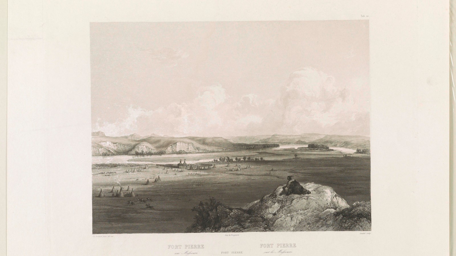 Illustration likely completed by Charles Bodmer in the 1830s showing Fort Pierre. 