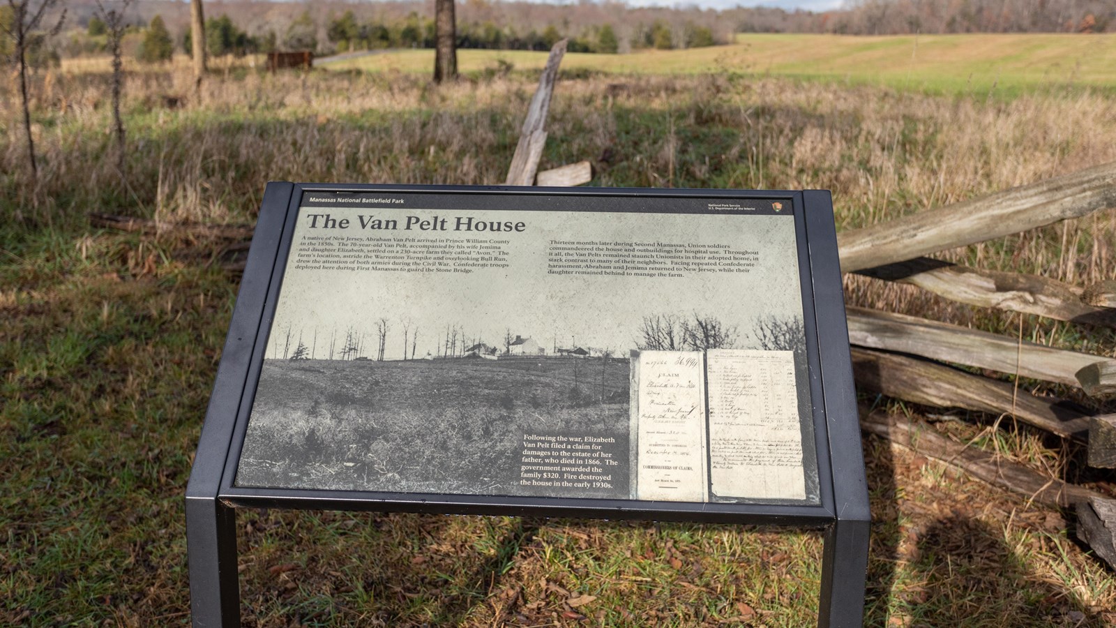 Van Pelt\'s claim is displayed on an image of a farm. 