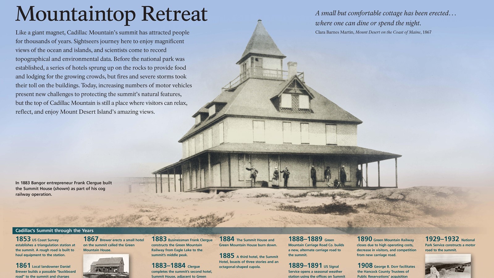 Historic building with a timeline displayed below it.