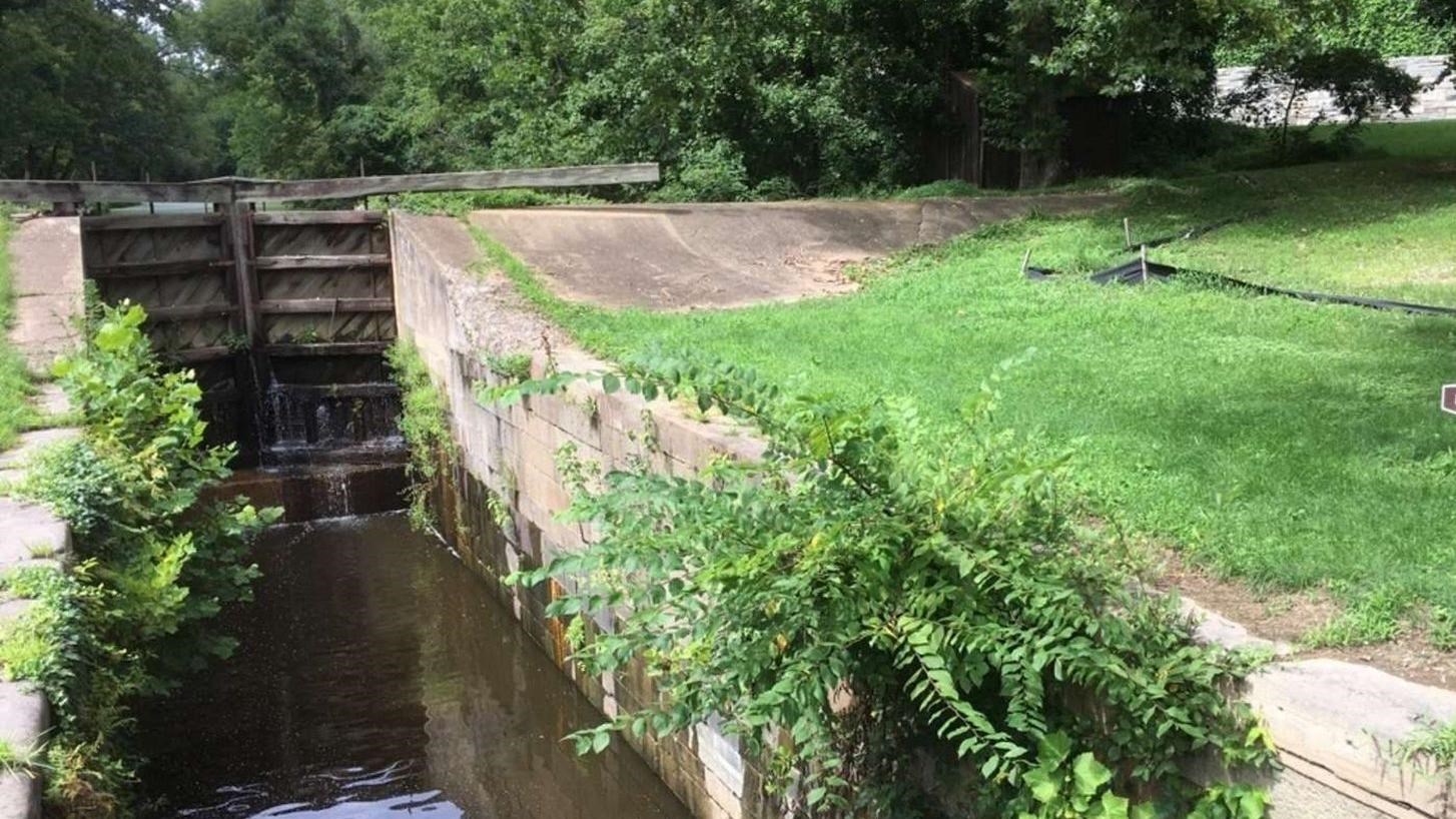 A lock partially filled with water, next to grass and trees