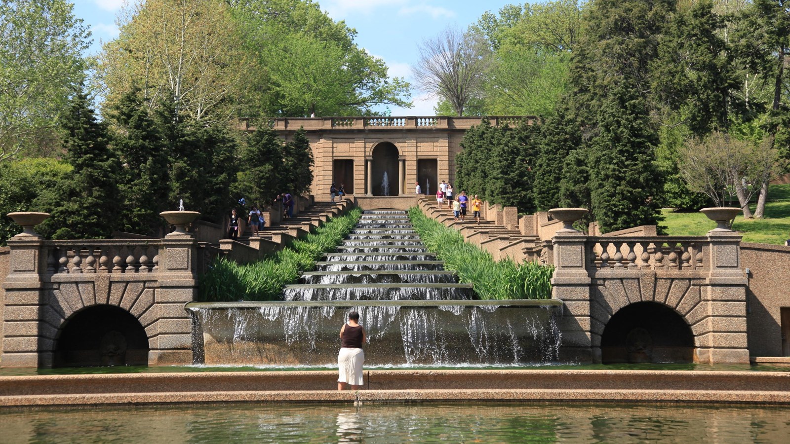Visitors by the fountains at Meridian Hill Park.