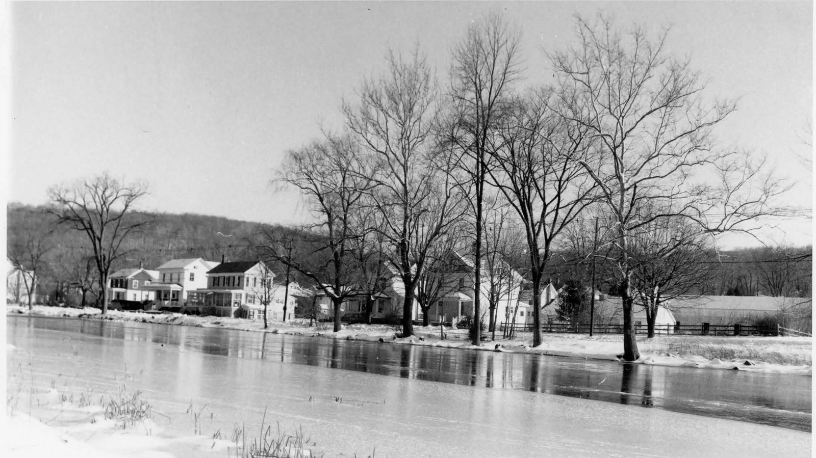 Homes along an icy river