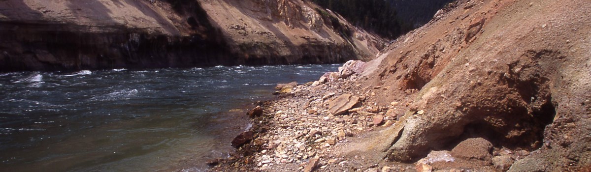 The Yellowstone River rushes through a yellow rock canyon.