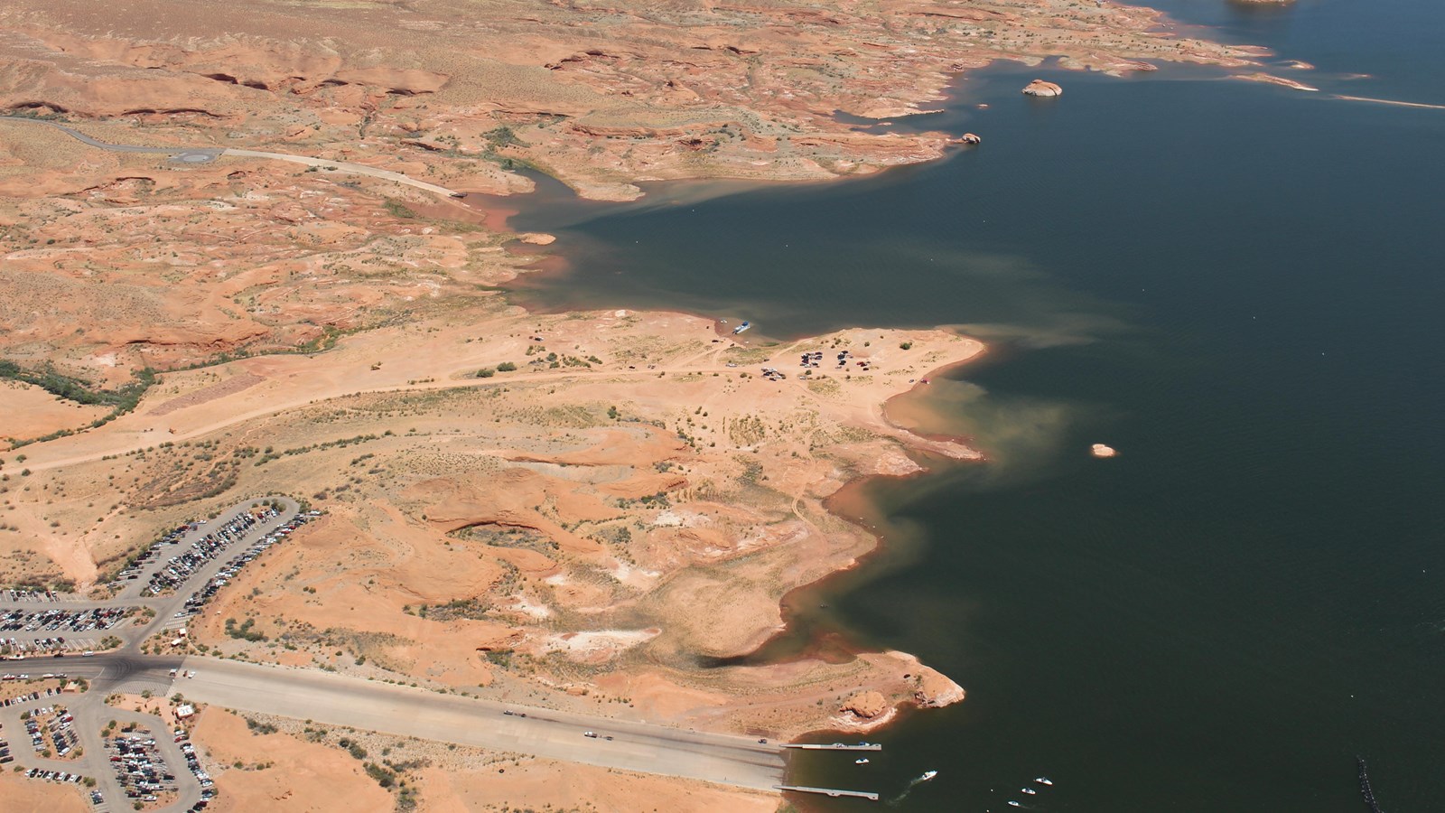 aerial view of launch ramp on desert lake