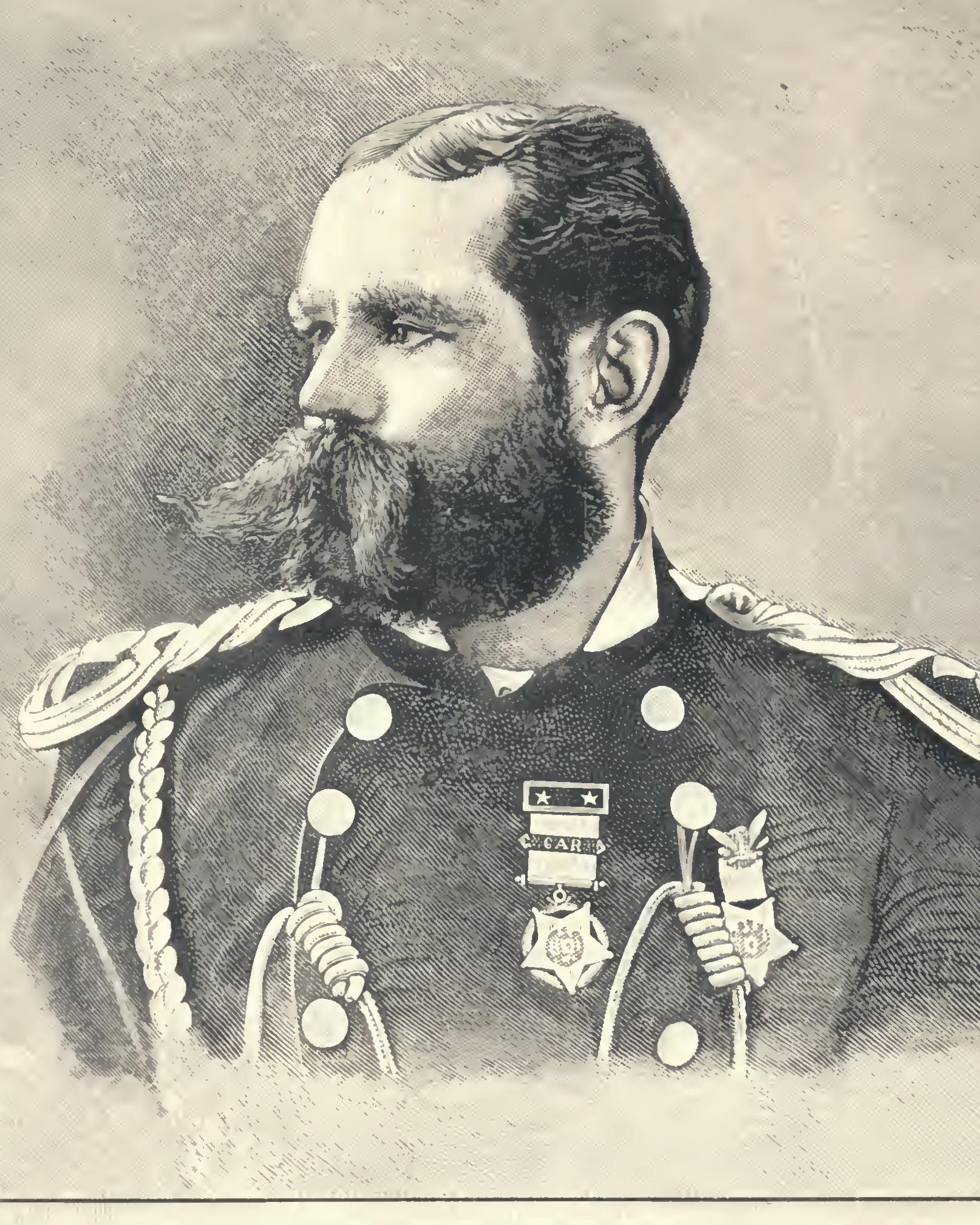 A portrait drawing shows a Civil War army veteran in uniform with medals.
