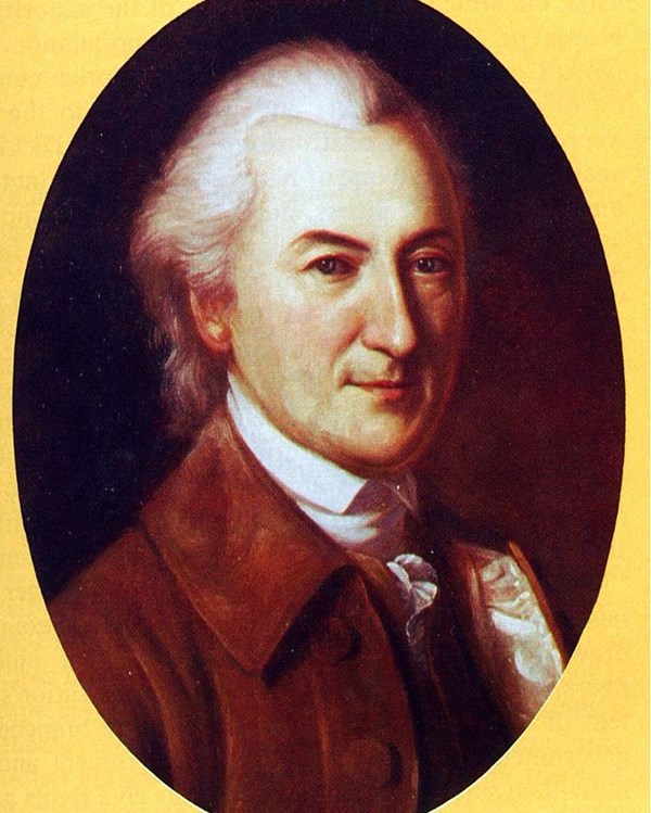 A portrait of John Dickinson as an older man, wearing a red coat. 