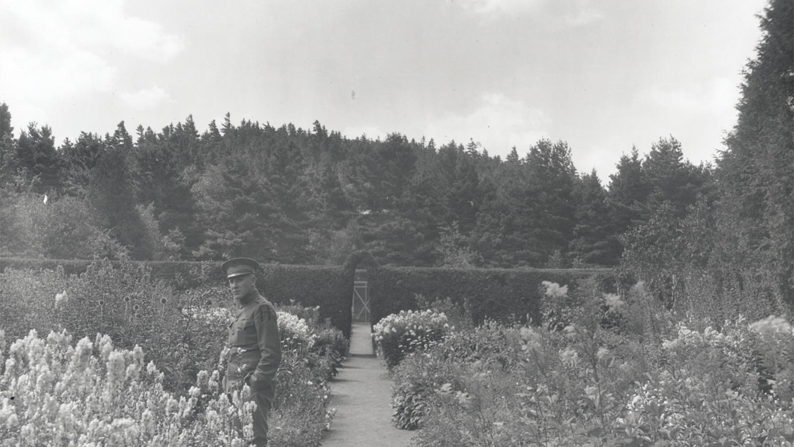 A man in uniform stands among a flower garden.