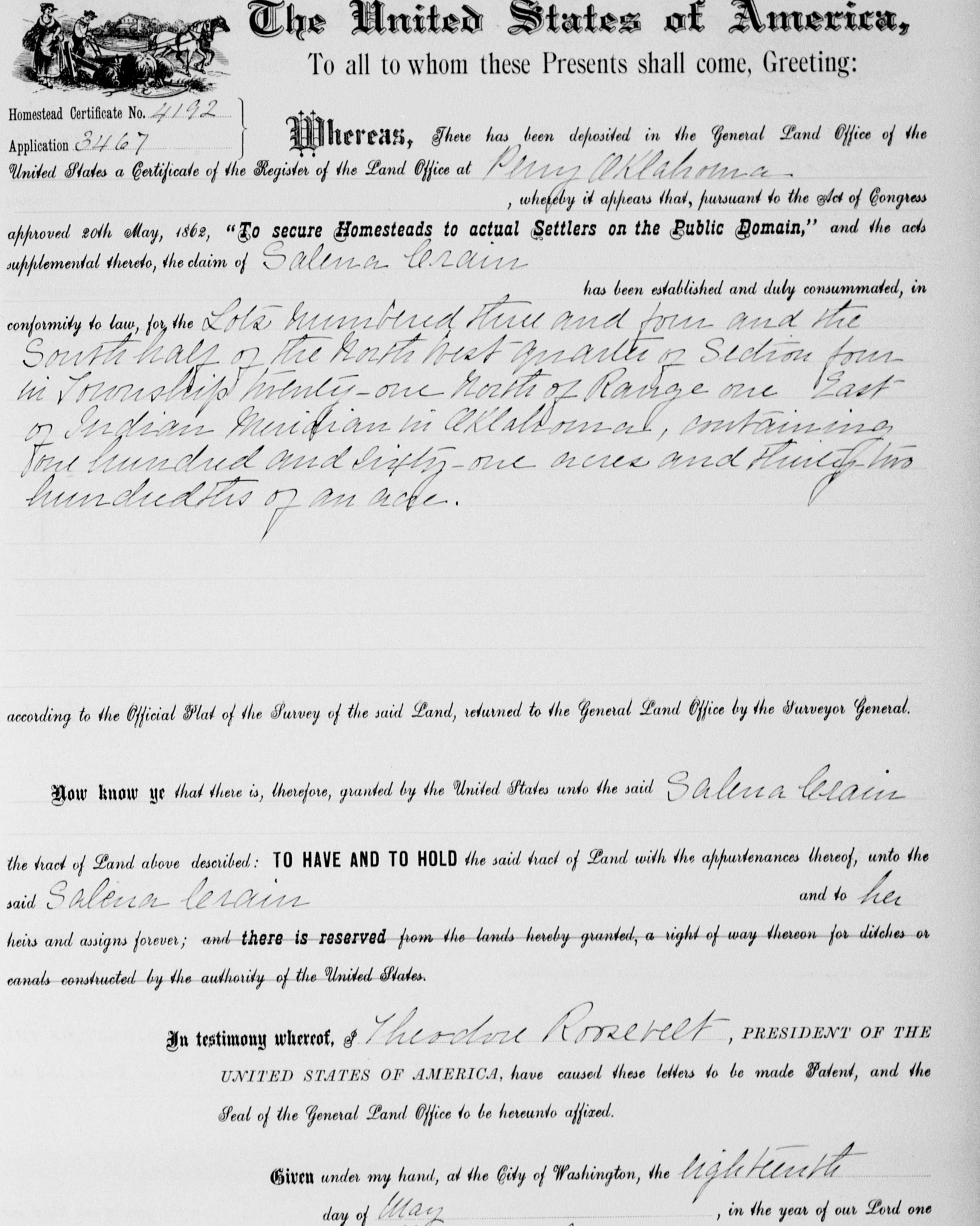 Scan of homesteading patent issued to Salena Crain under Theodore Roosevelt's presidency.