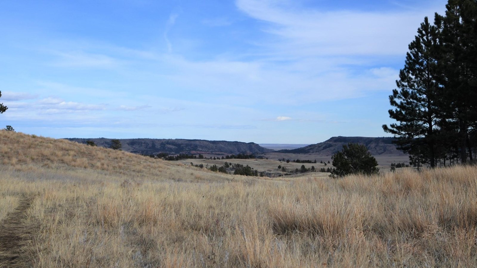 A narrow trail runs through prairie grasses with views of the surrounding hills in the distance.