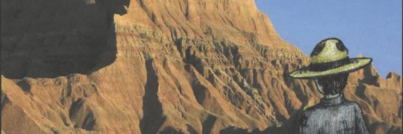 a cartoon child stands next to a cartoon range and points at badlands formations