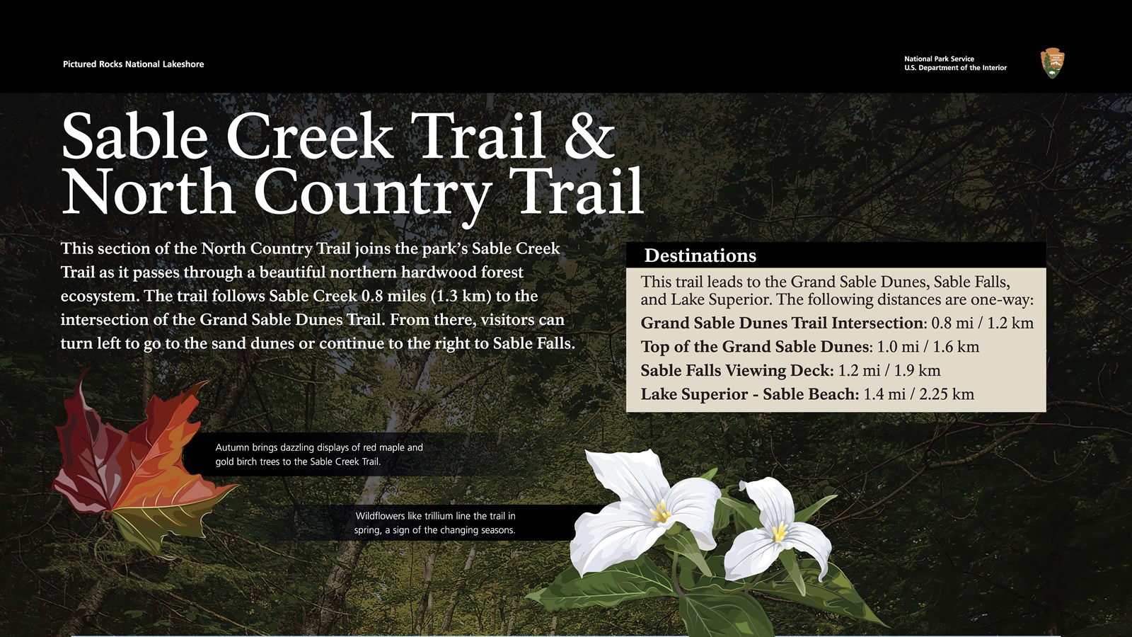 A wayside with a map and trail information for trails heading out of the Grand Sable Visitor Center