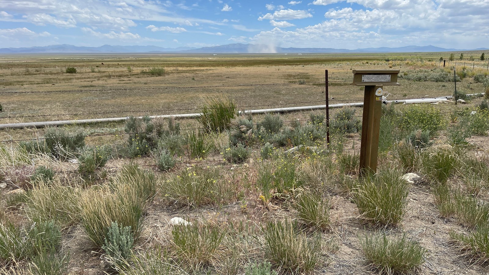 A brown post with a silver plaque stands in front of a barbed wire fence, with steam rising.