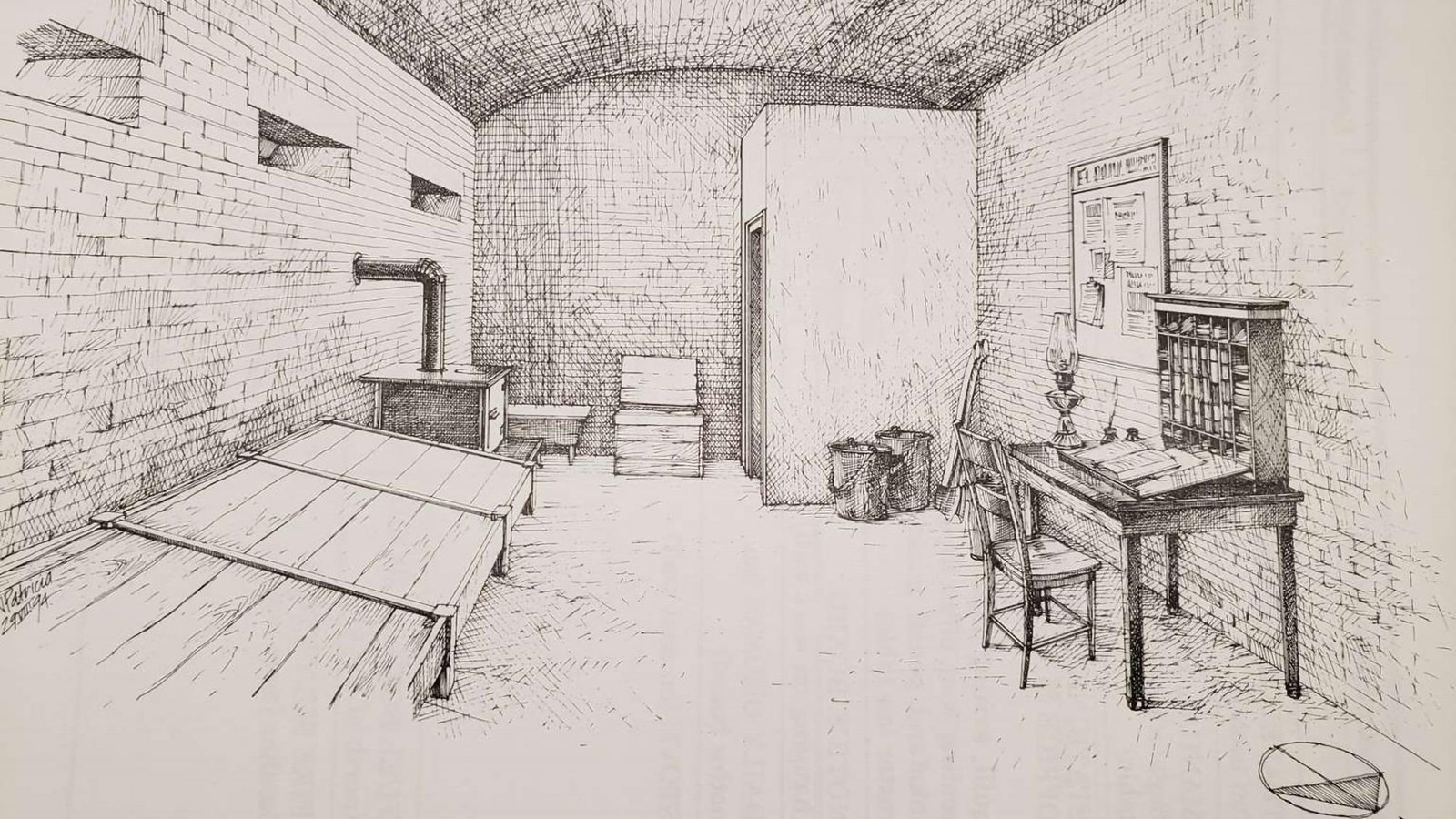 Black and white illustration of the guard room in Fort Point.