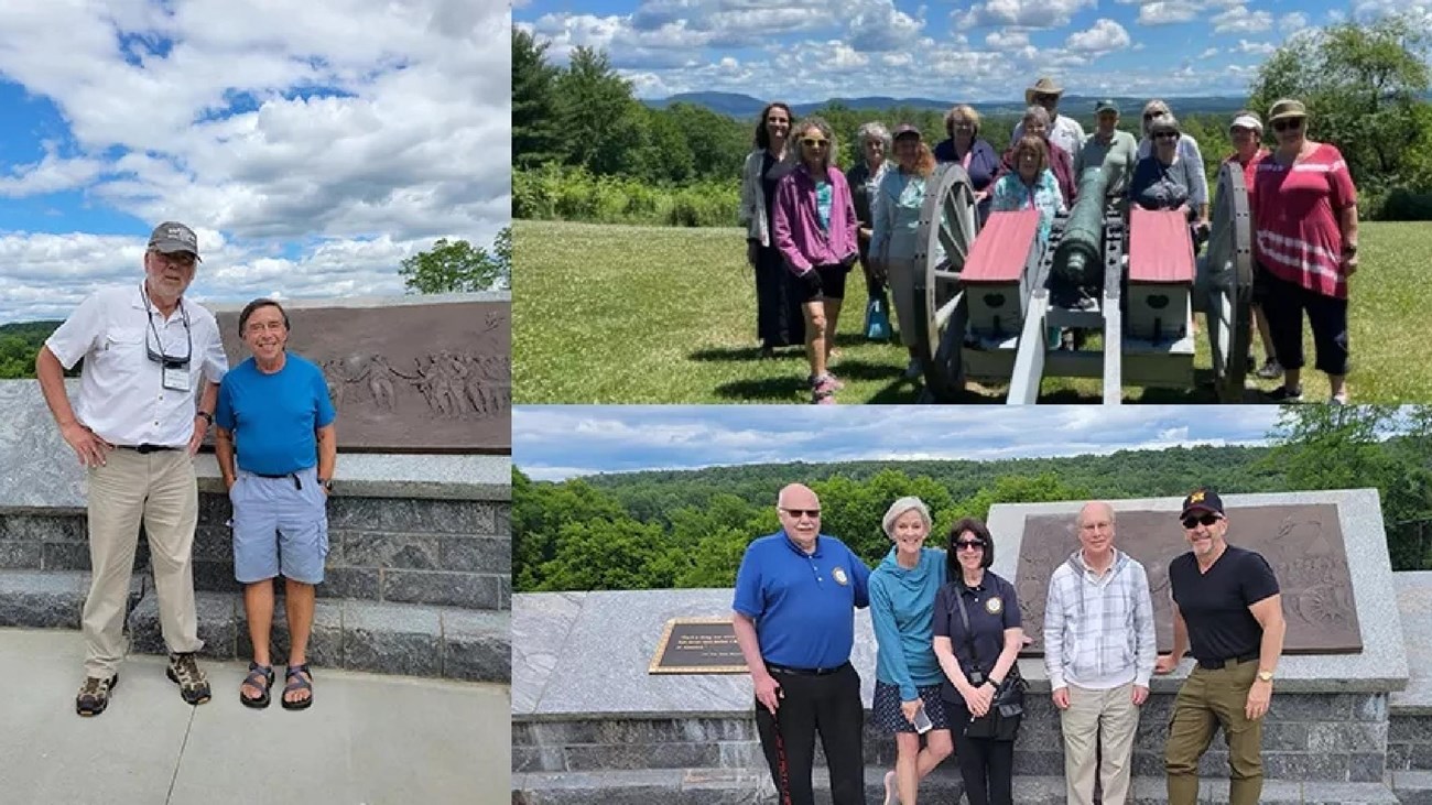 A collage of three photos of groups of people standing and smiling around the battlefield.