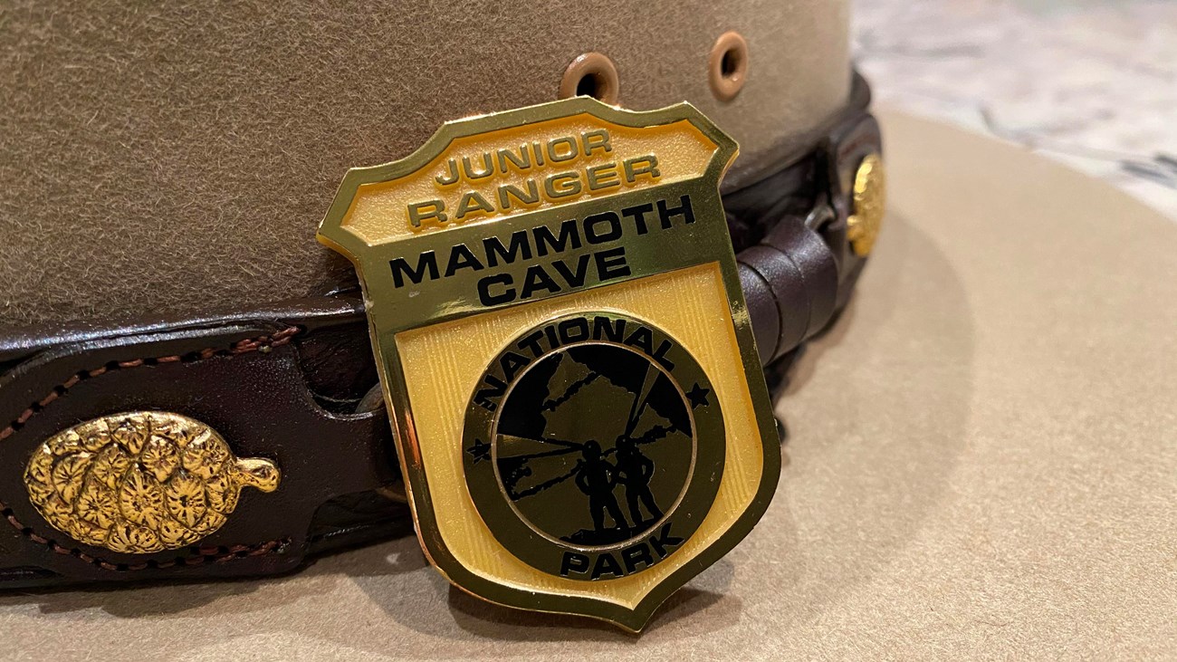 A plastic junior ranger badge sitting on a ranger hat