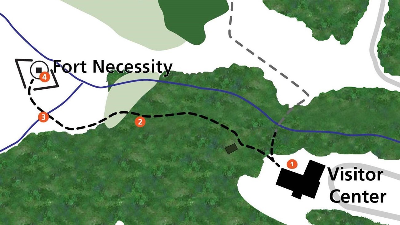 Map of Fort Necessity battlefield with tour stops indicated