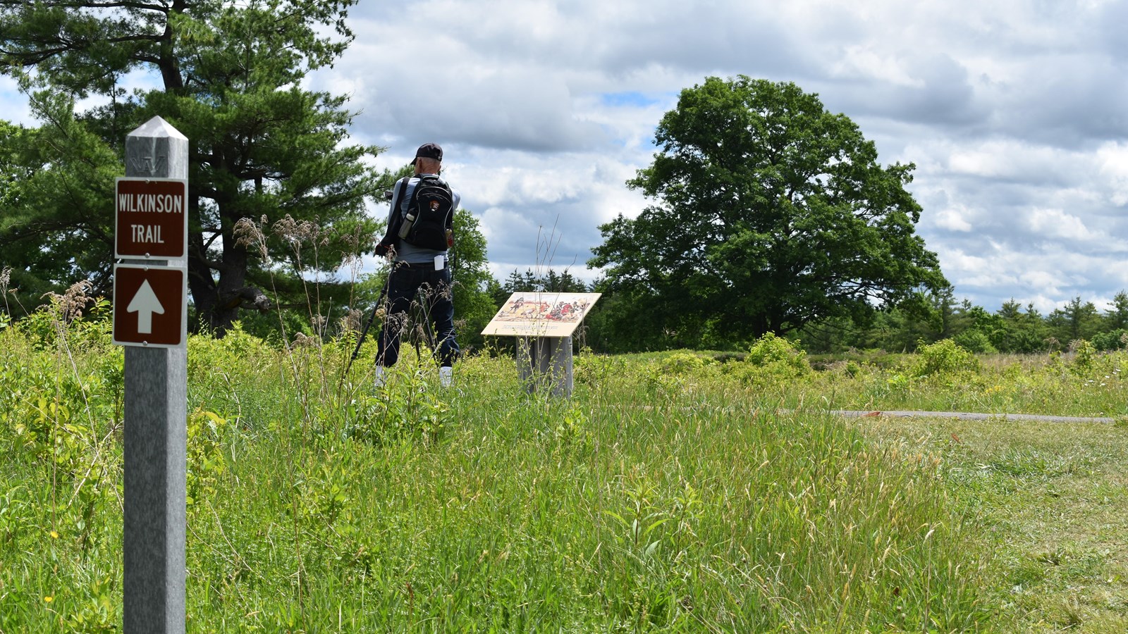 A gray marker post, 