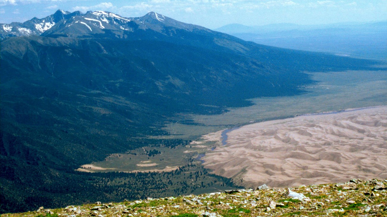 Alpine tundra in foreground, part of the dunefield at right, and snow-capped Blanca Peak