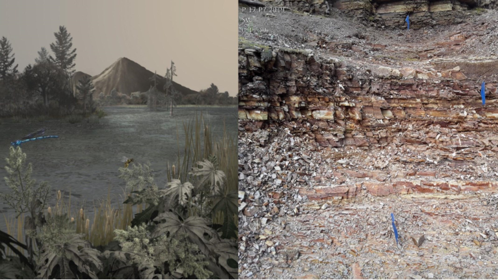 an artist rendition of Lake Florissant and a modern outcrop