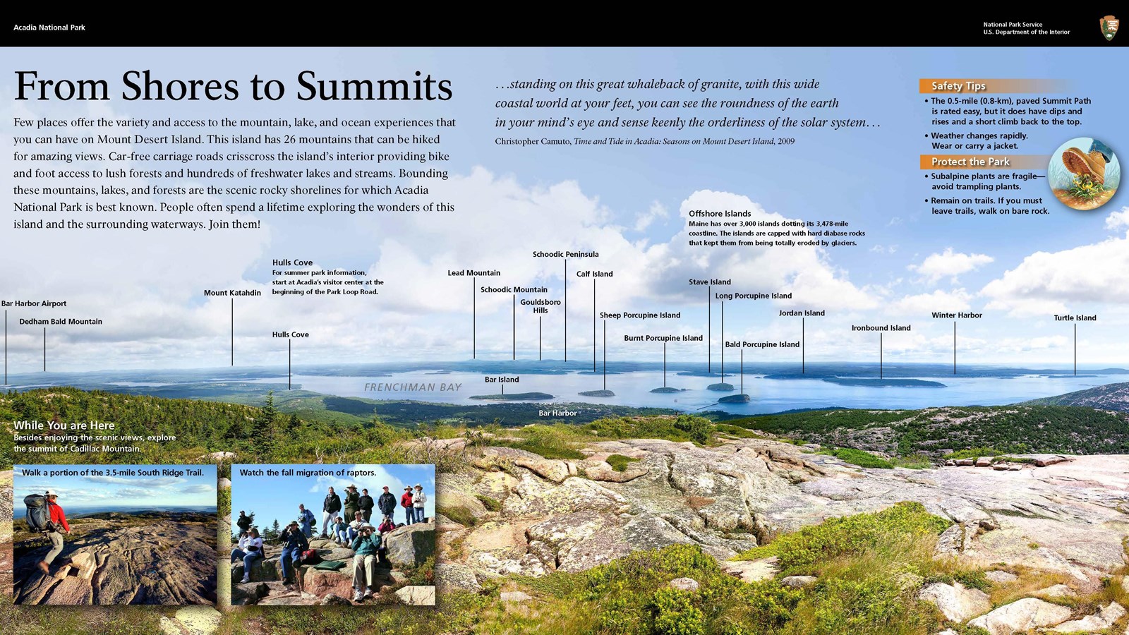 Title: From Shores to Summits in bold; background image of rocky summit in foreground and islands.