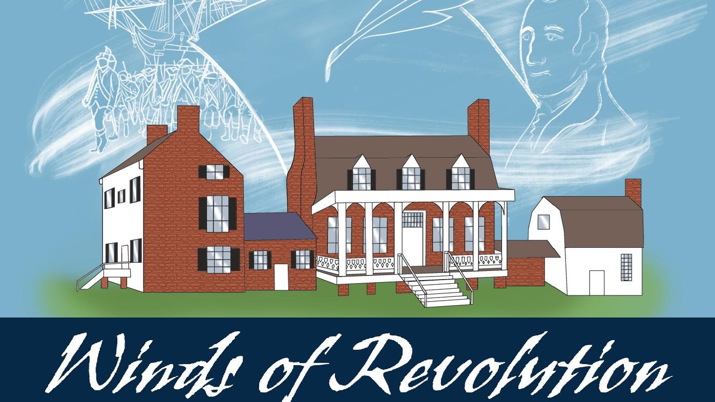 A blue background with a white outline of a building in front of white outlines of people.