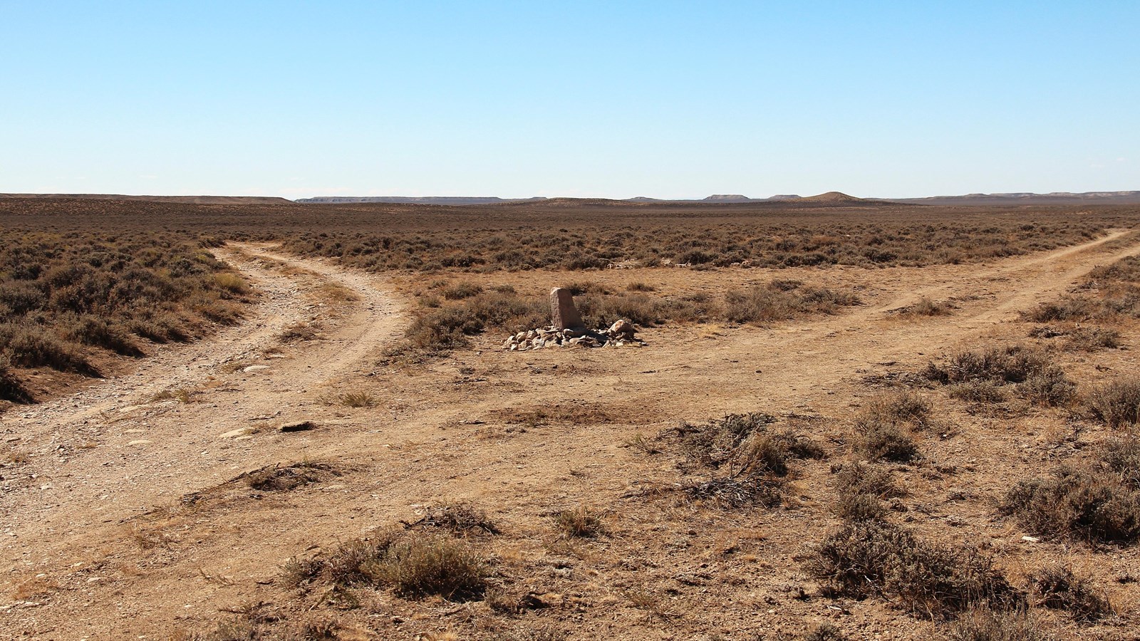 a trail split in two with dry brush and rocky terrain surrounding it. A clear blue sky is above.