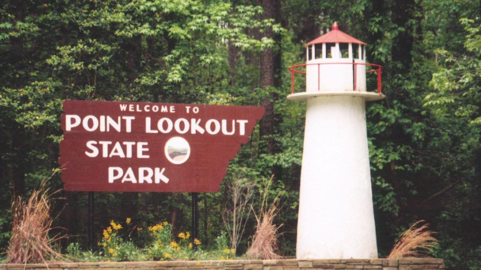 Entrance sign for Point Lookout State Park. 