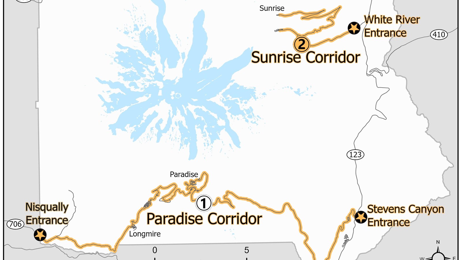 A simplified map of Mount Rainier with the two timed entry reservation corridors.