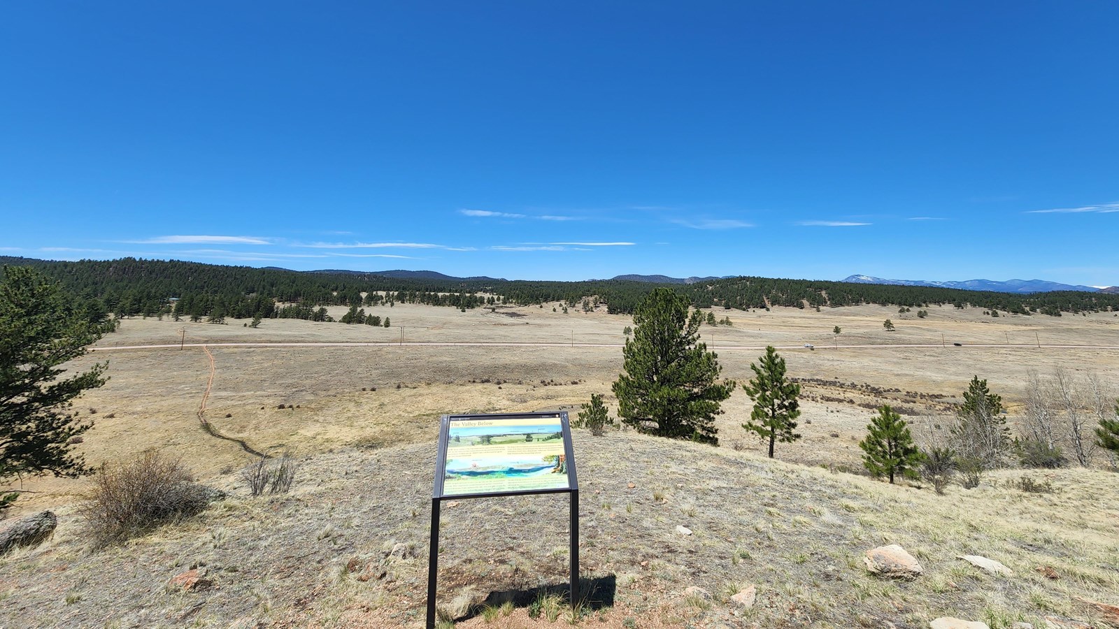 A higher view of the Florissant Valley, with a bright blue sky