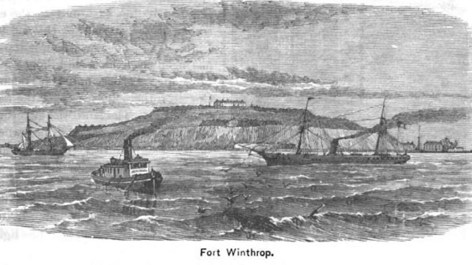 sketch of an old fort on an island with boats sailing in the foreground