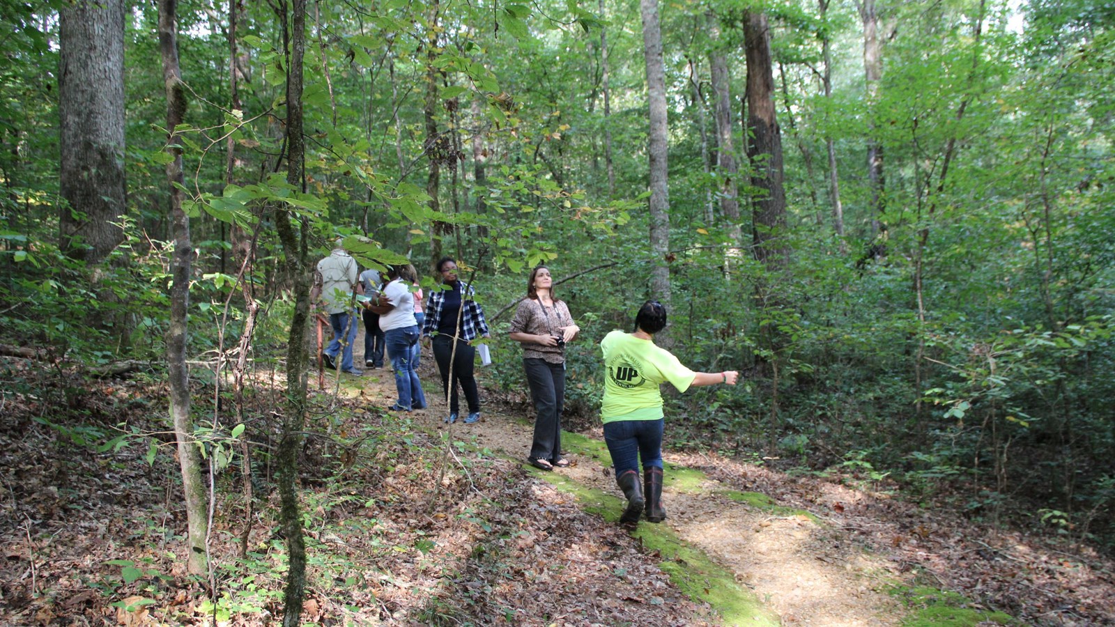A dirt path in a forest with several teenage students walking and swinging their arms.