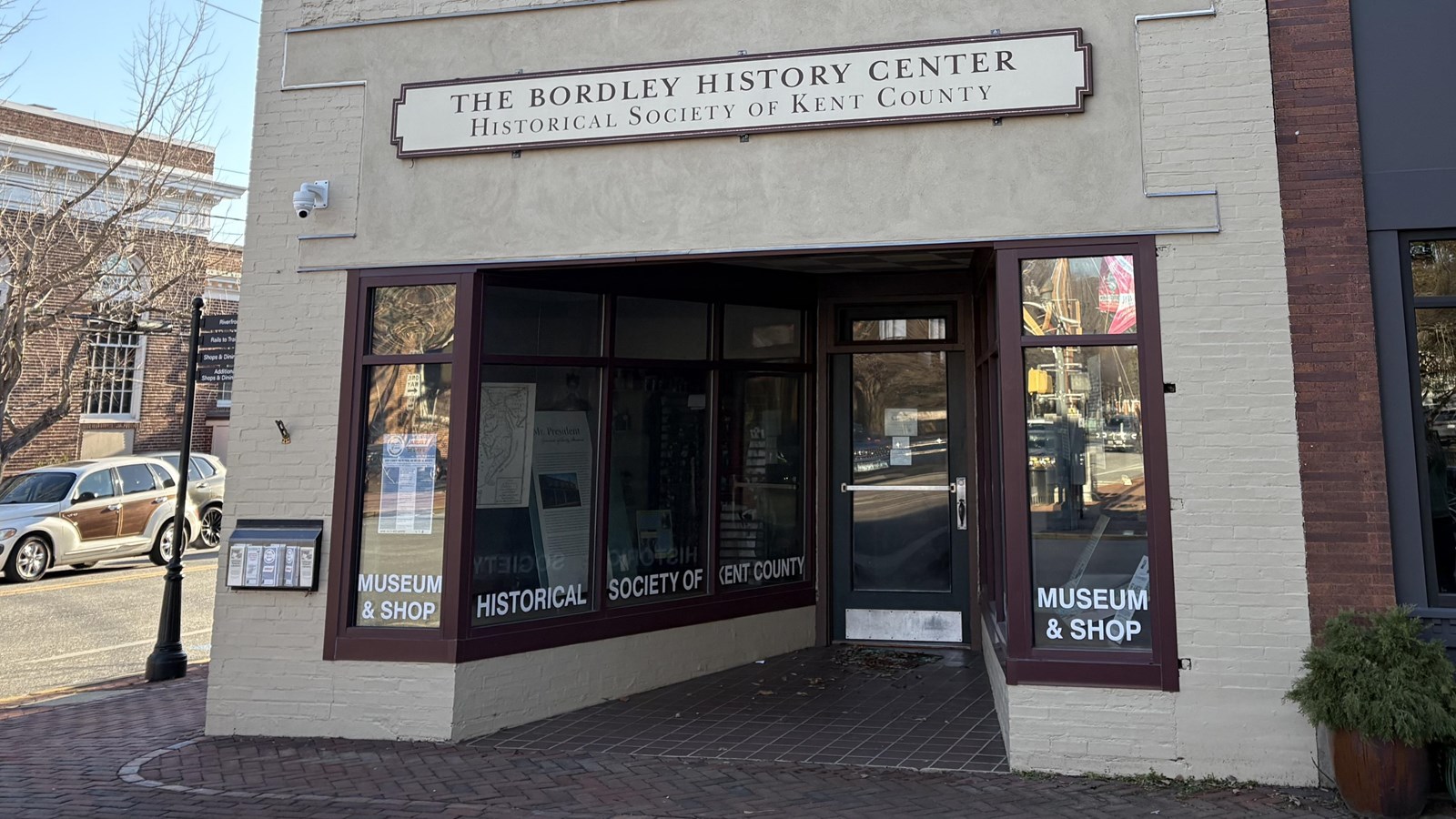 A two-story brick building with a 