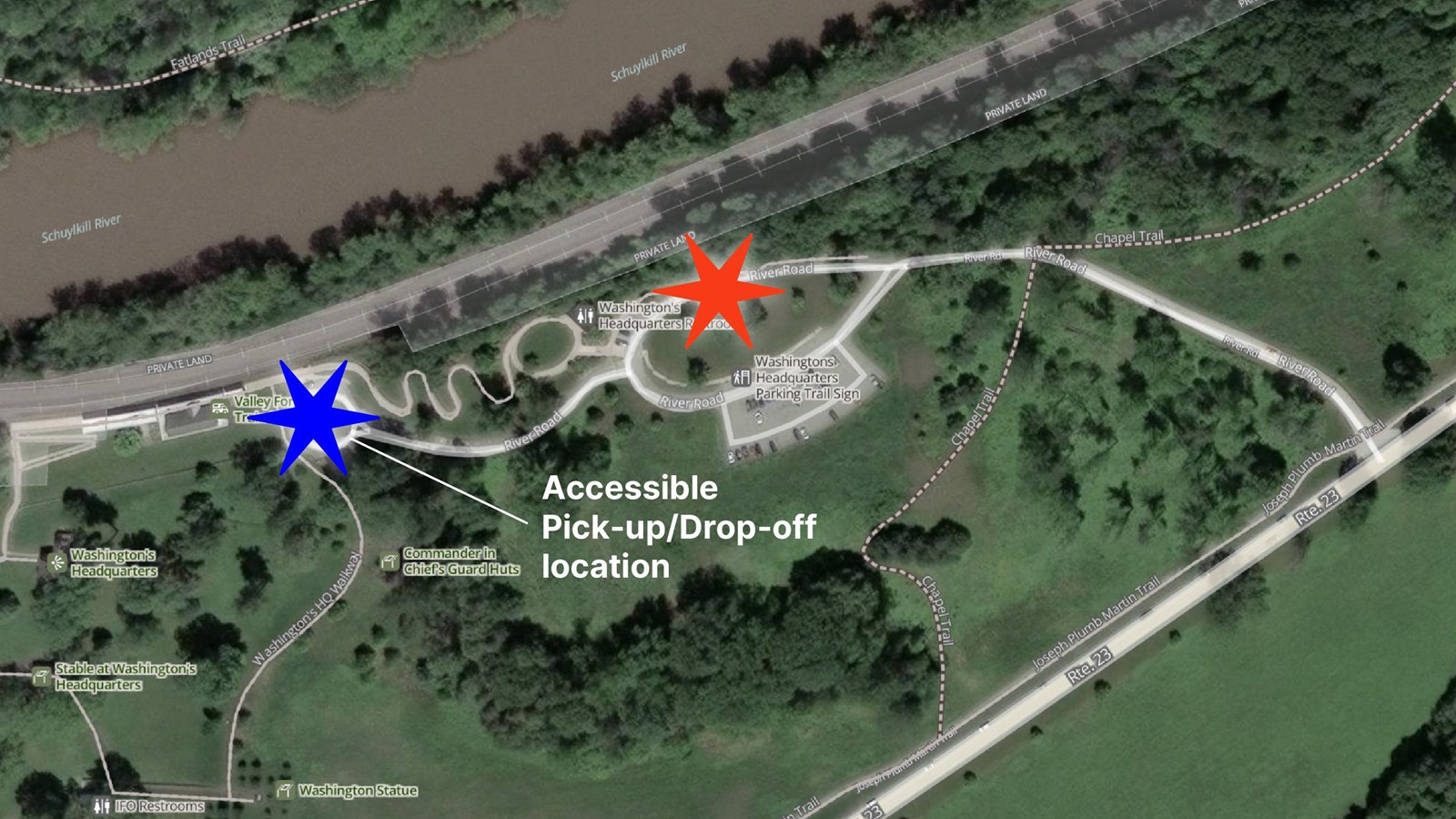 Aerial photo of Washington’s Headquarters with stars on River Road and near train station