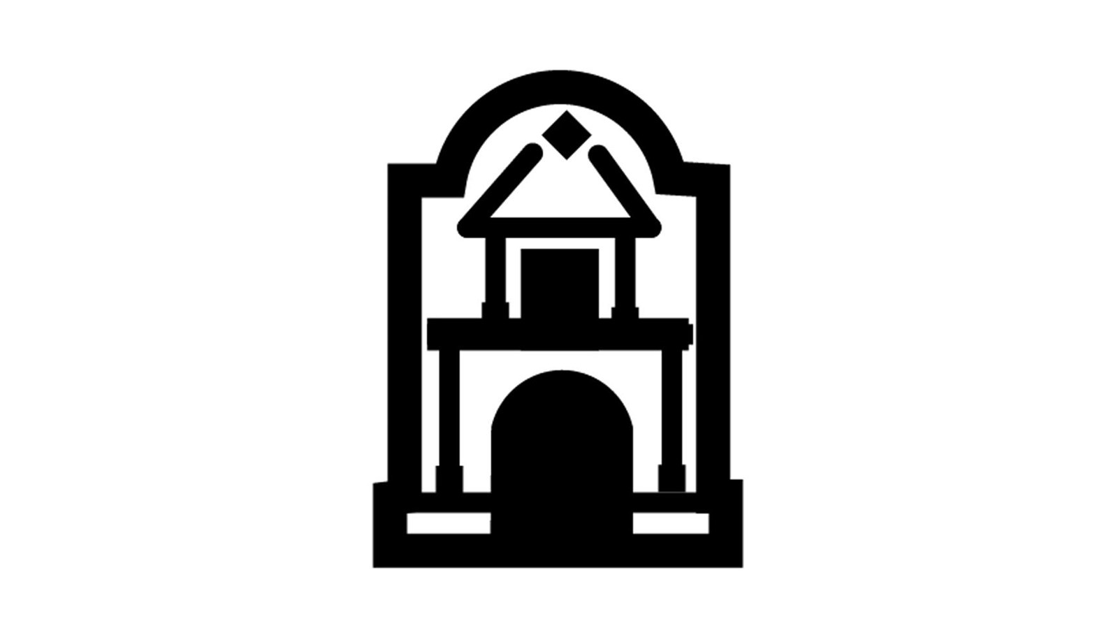 stylized icon of church façade with arched doorway, columns, and rounded pediment