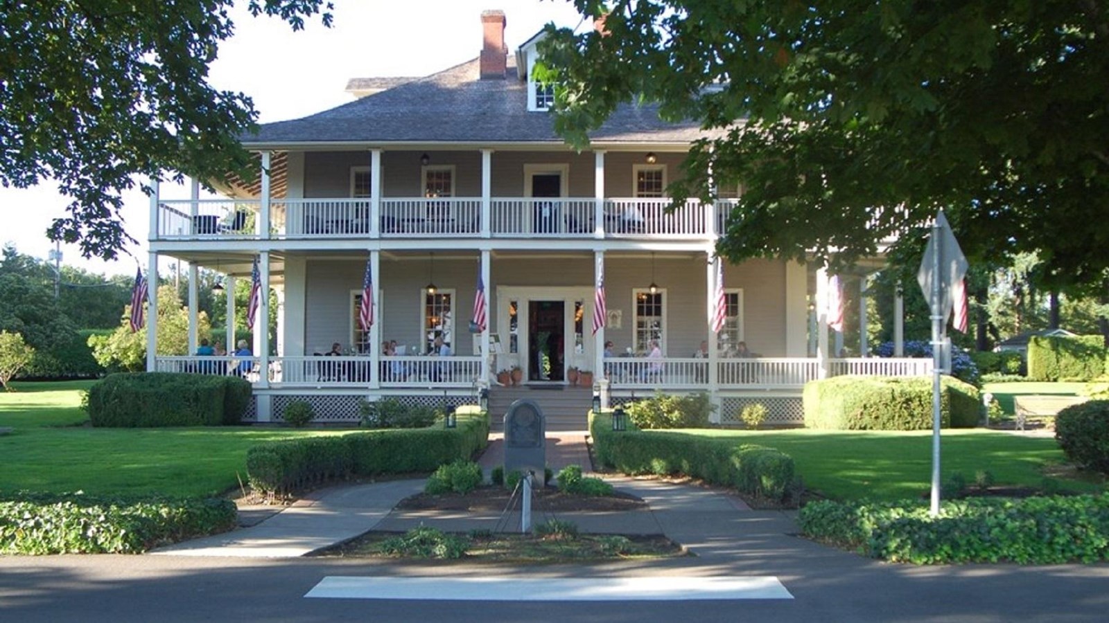 A gray two-story building.